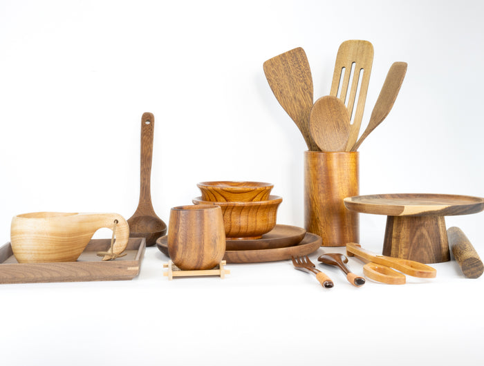 Wooden spoons, forks, plates, bowls, and kitchenware